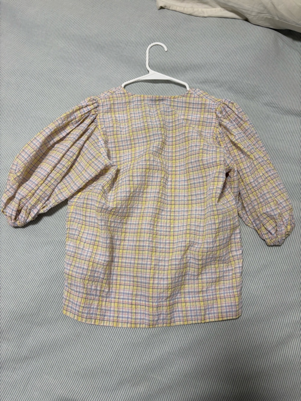 Ganni Lavender & Yellow Seersucker Plaid V-Neck Puff Sleeve Top - Picture 5 of 7